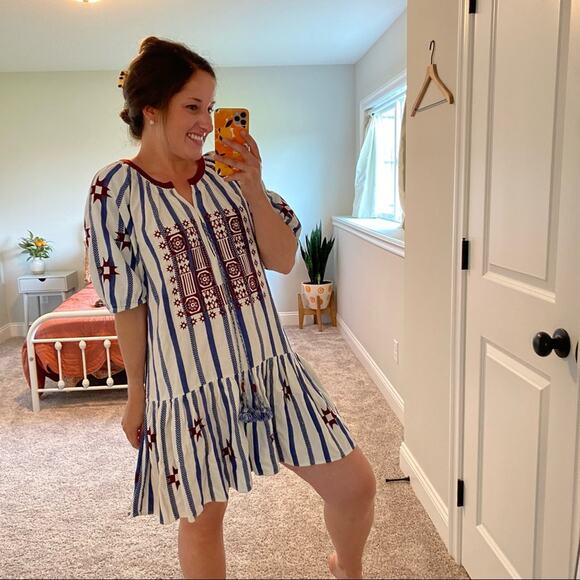 FIGUE Red White Blue Embroidered Puff Sleeve Mini Dress Medium M - Picture 6 of 14